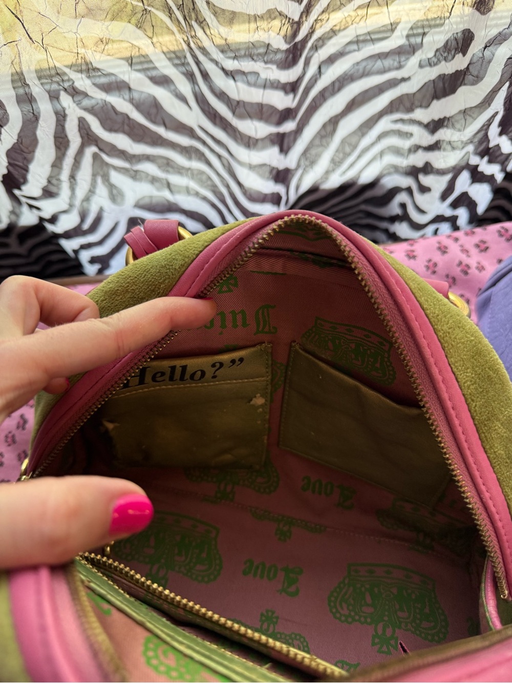 Juicy Couture Green Suede Satchel with Pink Trim and Heart Charm - Picture 8 of 9